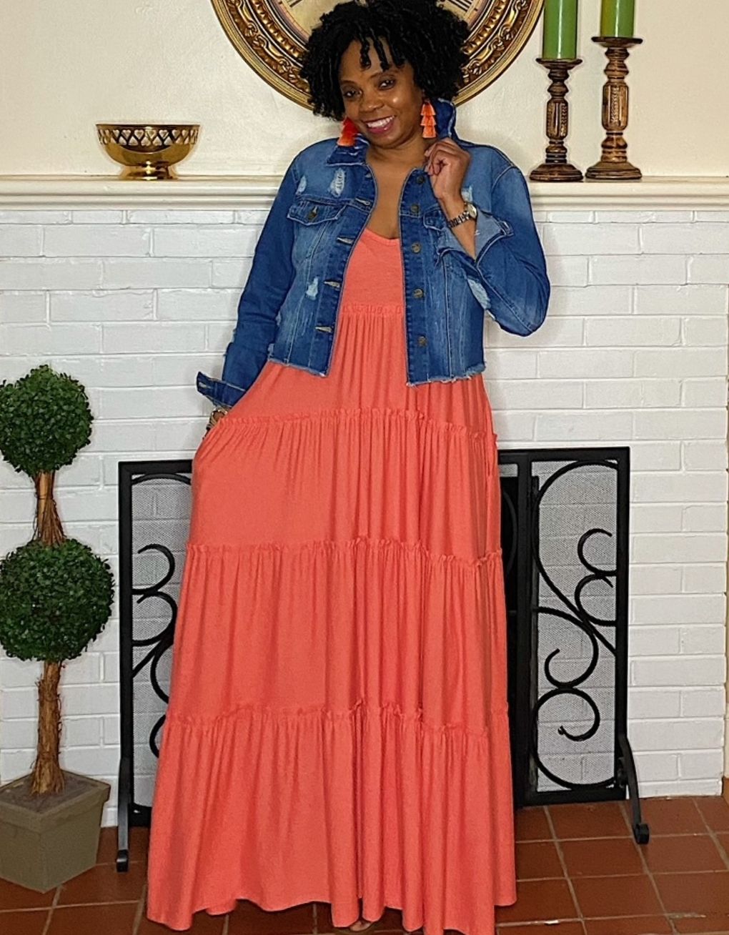 red maxi dress with denim jacket Bohemian Denim Jacket (with Little Pom Poms!) & Red Ruffle Maxi Dress The Good Weekender